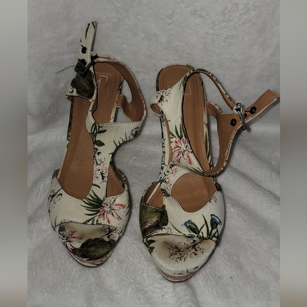 White tropical wedge sandals